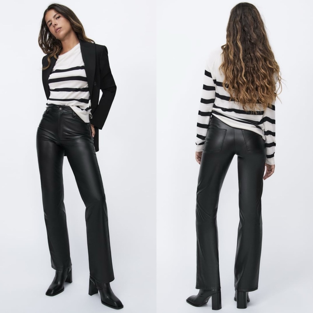 ZARA ZW 90S WIDE-LEG HIGH WAISTED FAUX LEATHER TROUSERS PANTS BLACK SIZE 8 NEW